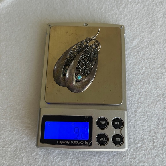 Sterling silver 925 with Opals drop fish hook earrings scroll + hammered details - Picture 6 of 10